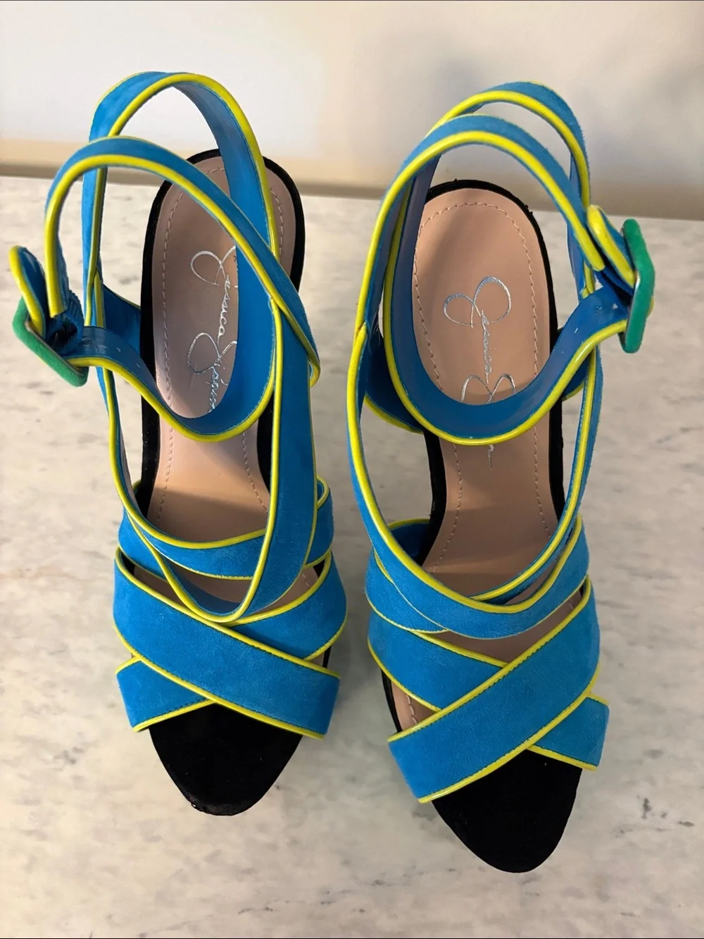 Jessica Simpson Turquoise & Green Strappy Suede Platform Heels Yellow Trim 8/38 - Picture 2 of 15